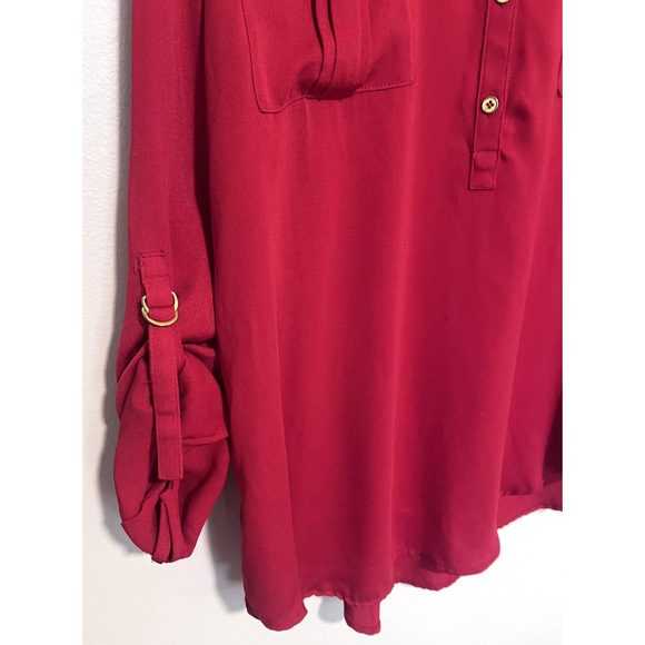 Chico’s Flowy Blouse Women’s XL 3 Red Gold Buckle Button 3/4 Sleeve Shirt - Picture 6 of 6